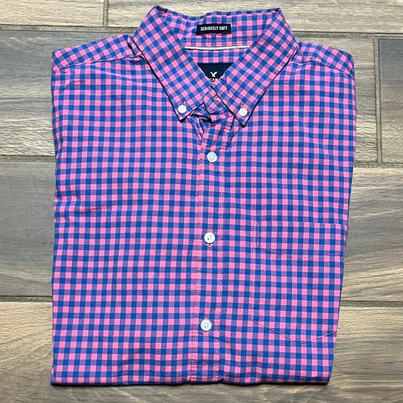 American Eagle Outfitters Other - AMERICAN EAGLE men's SHIRT gingham BUTTON-UP pink/blue SERIOUSLY SOFT l/s SZ med